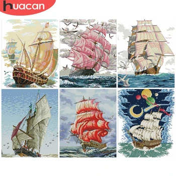 

HUACAN Embroidery Sailboat White Canvas 11CT 14CT DIY Gift Sets Cross Stitch Scenery Kits Home Decoration Needlework