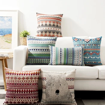

Decorative throw pillow cover case Bohemia style color geometric blue-green pattern simply cotton linen cushion cover 45x45cm