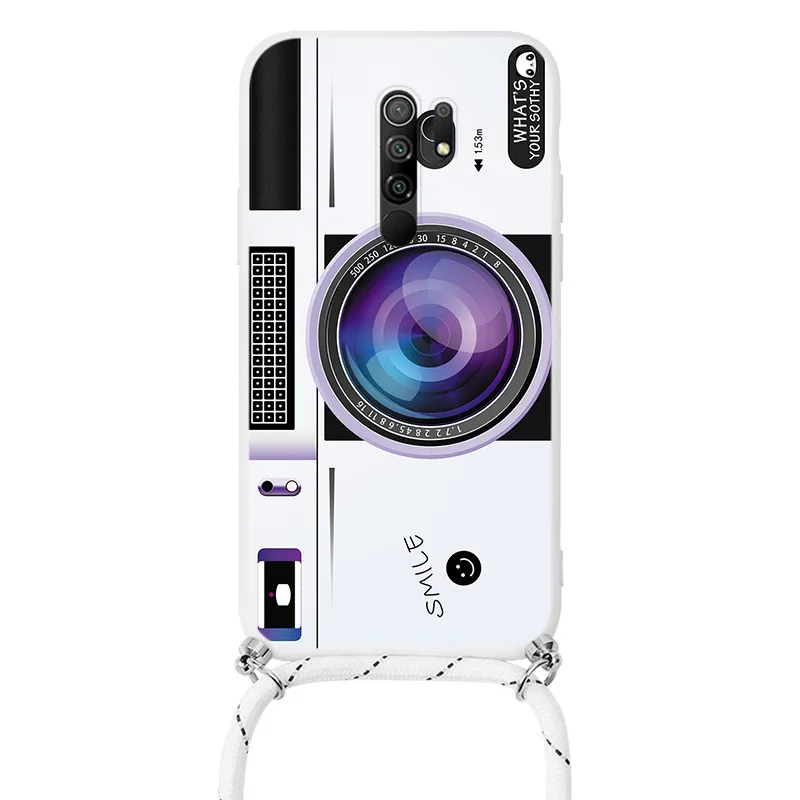 Lanyard Strap Cord Necklace Phone Case For Xiaomi Redmi 9 Capa Soft Silicone Fundas For Redmi9 Flower Back Cover Bumper Coque