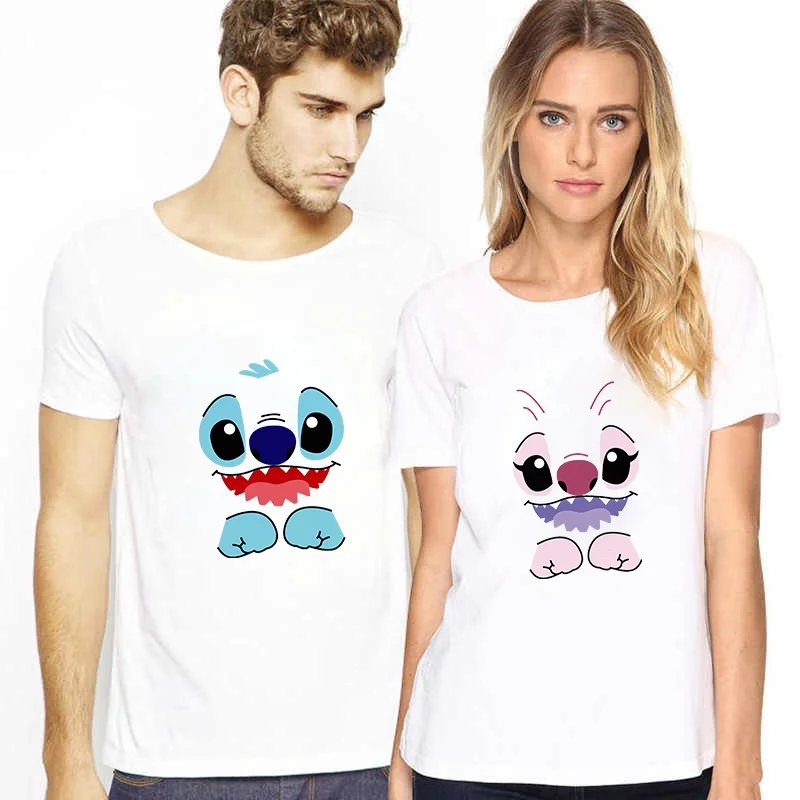 Camiseta de dibujos animados para hombre y mujer, camisetas blancas con estampado de Lilo & Stitch para parejas, ropa familiar de manga _ - AliExpress Mobile