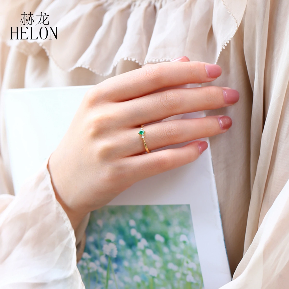 HELON кольца для женщин, Твердое 14 к желтое золото, натуральный 0.10Ct изумруд, Подлинные Бриллианты, вечерние кольца на годовщину, кольца, подарок, ювелирное изделие