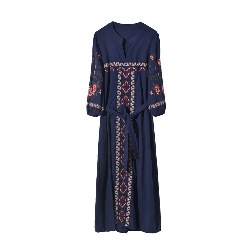 

Nice Summer Vintage Cotton Linen Boho Dress Beach Long Maxi Dress V Neck Floral Embroidery Dress Vestidos