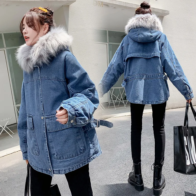 

Photo Shoot 2019 Winter New Style Korean-style Large Fur Collar Hooded Rex Rabbit Fur Students Cowboy plus Velvet Middle Long Co