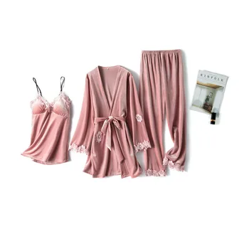 

Lisacmvpnel Autumn Winter New Keep Warm Gold Velvet Pajamas 3 Pcs Suit With Chest Pad Sleepwear