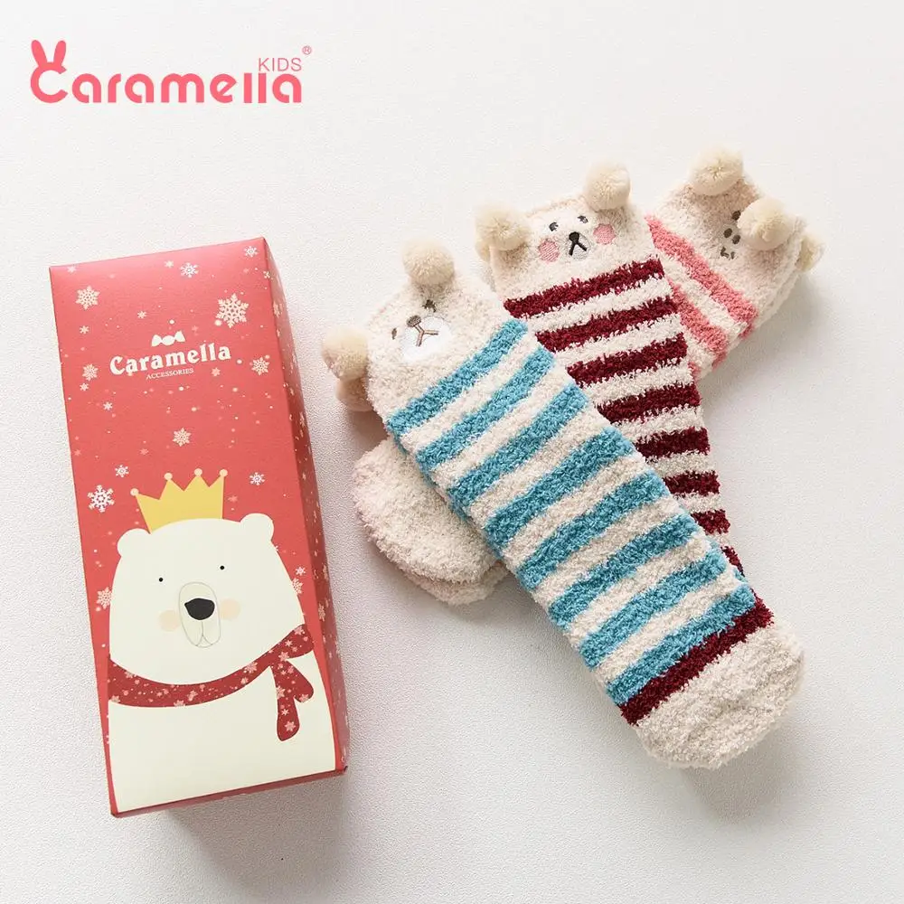 Caramella/3 пары зимних детских носков в подарочной коробке носки для малышей с забавными животными Нескользящие теплые махровые Короткие Чулочные изделия с помпонами для мальчиков и девочек