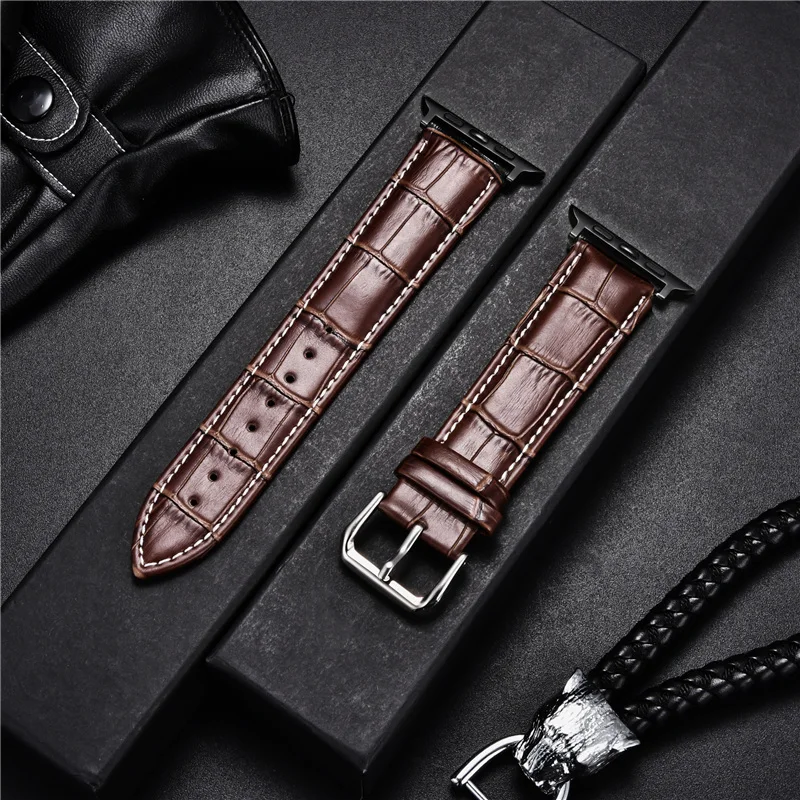 Genuine Cowhide Leather Watchband with Bamboo Pattern Design