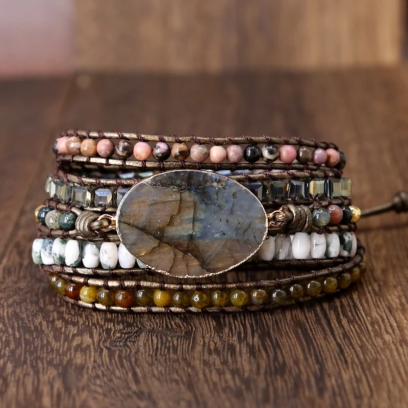

2019 Vintage Natural Labradorite Stone Wrap Bracelets Boho Handmade 5 Strands Mix Stones Beads Leather Bracelets for Women Men