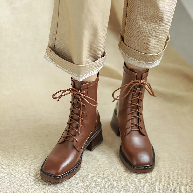 Botas Vintage de estilo Chelsea para mujer, botines cordones y tacón medio, de cuero Natural, hechos a mano|Botas hasta el tobillo| - AliExpress