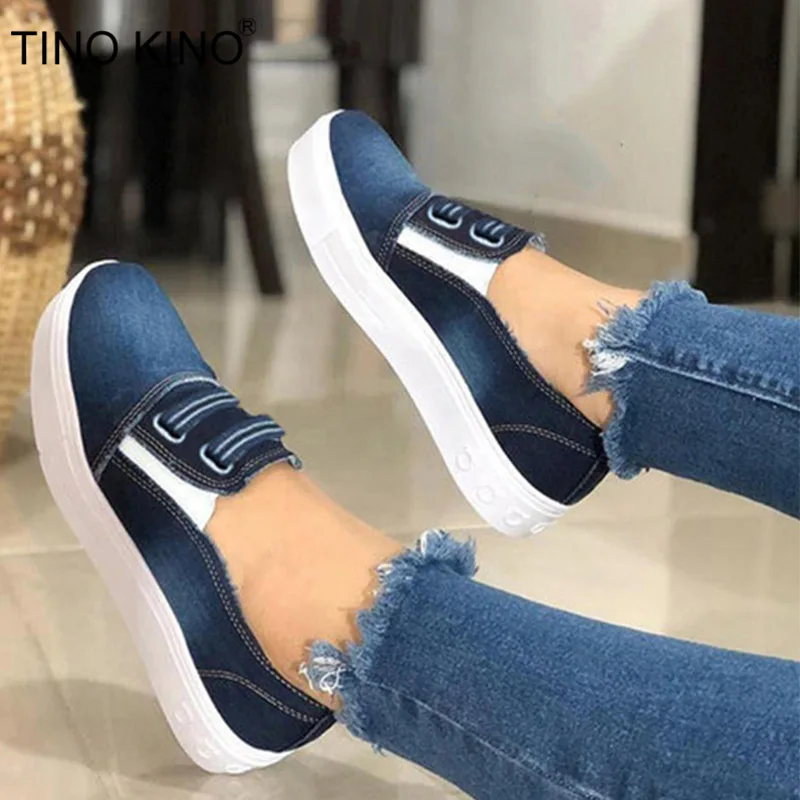 

TINO KINO Women Flat Platform Canvas Vulcanized Slip On Ladies Casual Comfort Female Elastic Band Loafers Autumn Shoes Plus Size