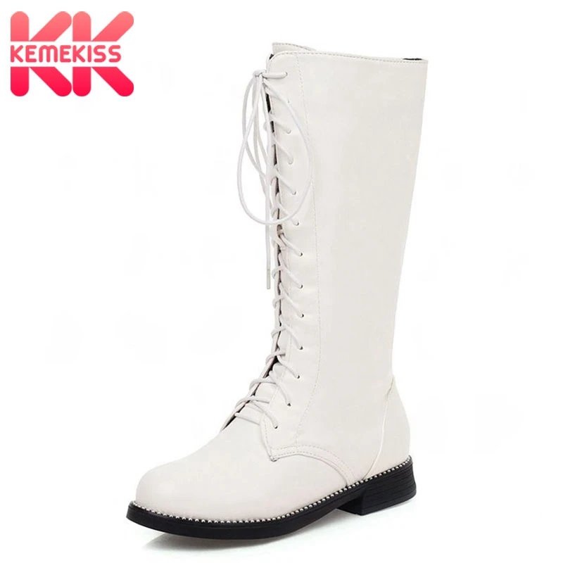 KemeKiss Mid-Calf Women Boots Solid Color Women Shoes Cross-Tied Flats Fashion Casual Outdoor Round Toe Footwear Size 30-39
