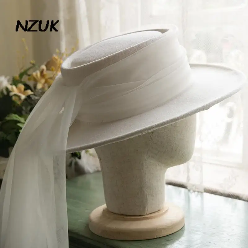 

NZUK High End Wool Felt Flat Jazz Hat For Women Long Veil Gauze White Wedding Hat Autumn WInter Ladies White Wool Sombrero