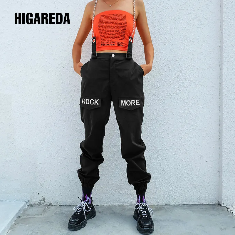 

HIGAREDA Hip Hop Patchwork Chains Pants Women Elastic High Waist Black Track Pants Capris Embroidery Letter Trousers Female