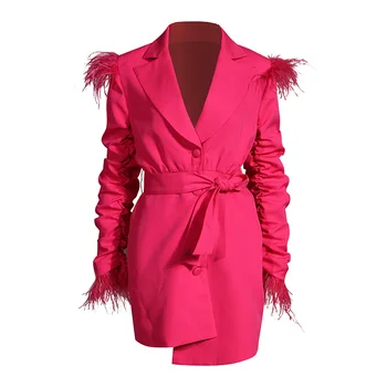 

Runway Autumn Feather Luxury Patchwork Ruffled Ostrich Fur Waist Irregular Lapel Suit Mini Dress Sexy Long Sleev Rose Red Dress