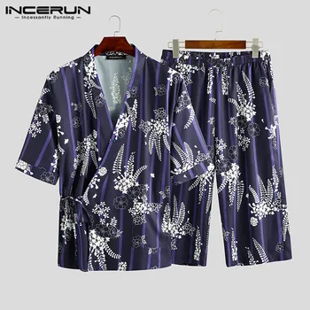 

Men Pajamas Sets Printed Half Sleeve V Neck Sleepwear Tops Loose Shorts Homewear Men Kimono Lace Up Nightwear Suit S-5XL INCERUN