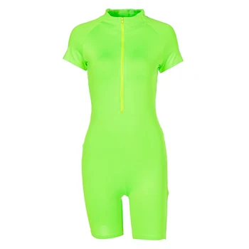 

Women Summer Catsuit, Solid Color Half-High Neck Short-Sleeves Jumpsuit for Ladies, Orange/ Purple/ Green