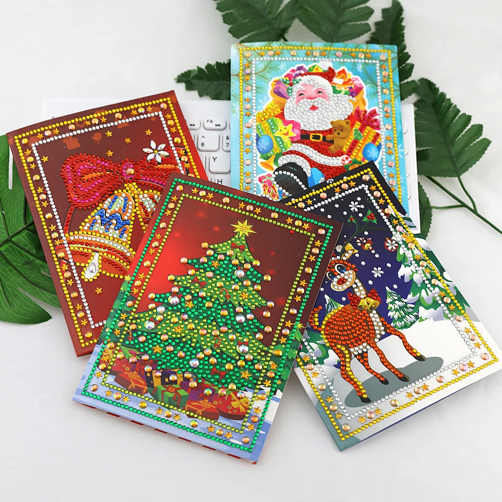 

Christmas 4 Sets 5D DIY Shaped Diamond Painting Round diamond Cartoon Paper Greeting Postcards Craft Kids Festival Greet Cards