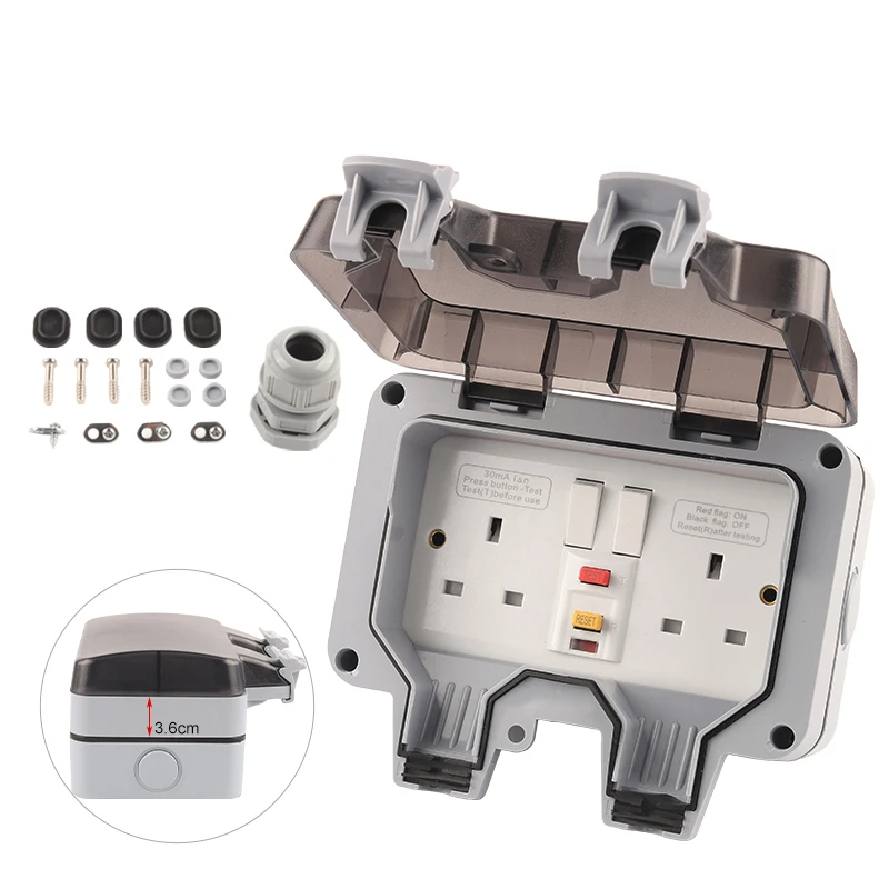 IP66 13A UK Standard RCD large plug Waterproof Outdoor Wall Socket With