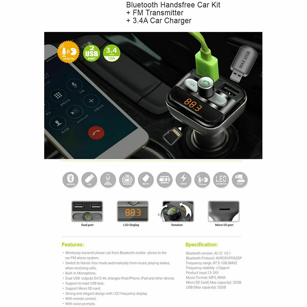 Car Handsfree Wireless Bluetooth FM Transmitter Dual USB Charger Audio MP3 Player Auto Accessories