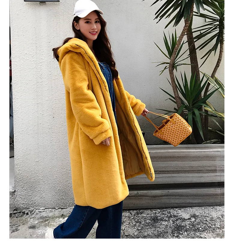 Зимнее женское высококачественное пальто из искусственного кроличьего меха, роскошное длинное меховое пальто, Свободное пальто с капюшоном на молнии, толстое теплое пальто, большие размеры, FemaleD12