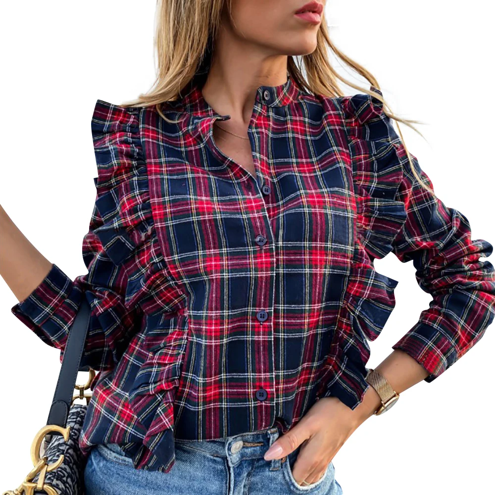  Spring New Ruffle Plaid Blouses Women Casual Vintage Long Sleeve Button Down Shirts Office Ladies G