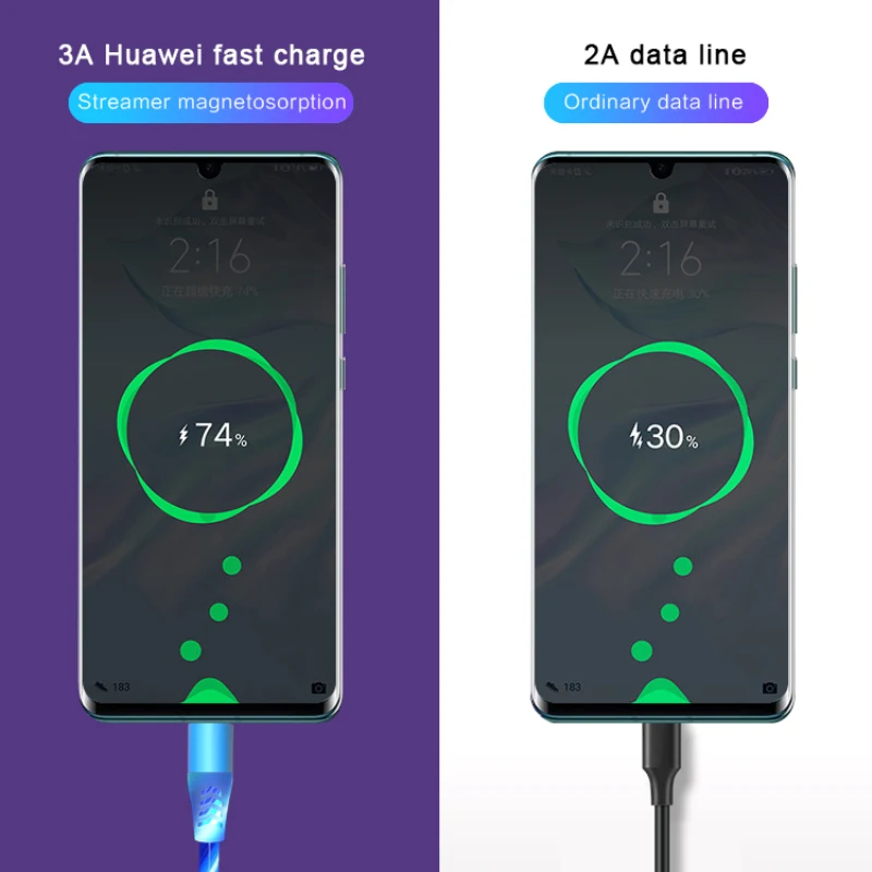 Цветной стример светодиодный магнитный кабель Micro USB type C Быстрая зарядка Pin-кабель для передачи данных для Xiaomi для huawei для samsung