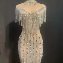 Лидер продаж, новинка, женская прозрачная одежда, стразы, с кисточками, Сетчатое платье, на день рождения, растягивается, прозрачное, для певицы, для выпускного вечера, платья