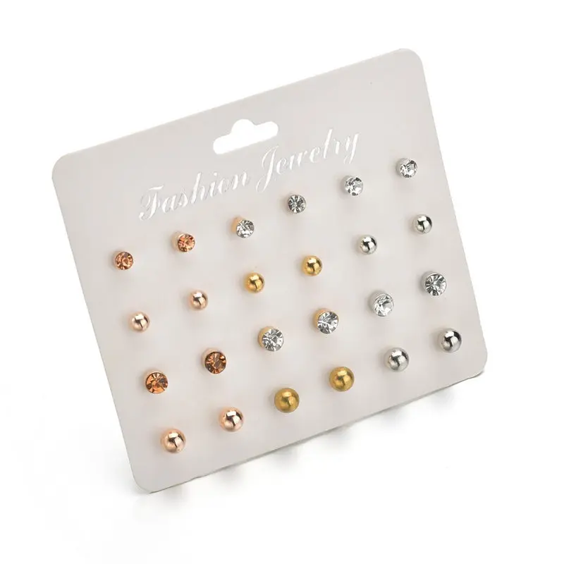 

24 pc/set Stud Earrings Set With Card Crystal Balls Imitation Pearl Earrings Women Girl Earrings Jewelry Party