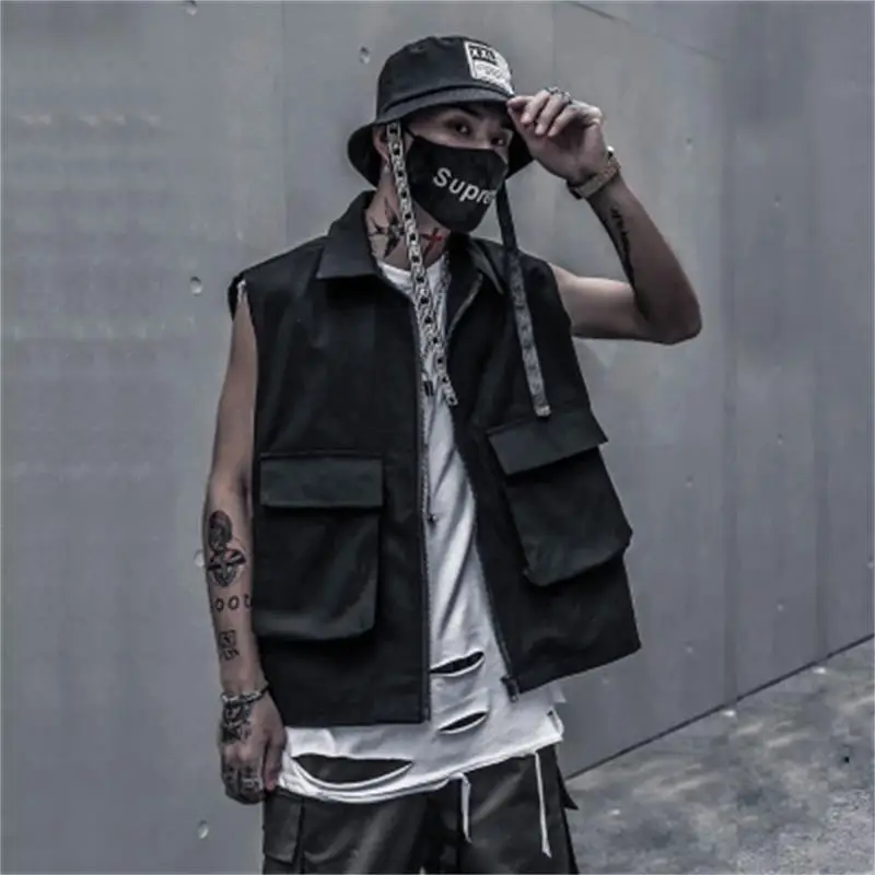 Men's Sleeveless Coat Spring And Autumn New Work Style Three-Dimensional Pocket Hip Hop Leisure Loose Large Waistcoat