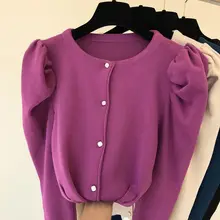 Осень, новинка, чистый цвет, Женский вязаный короткий свитер, Женский вязаный кардиган с круглым воротником и пышными рукавами, рубашки