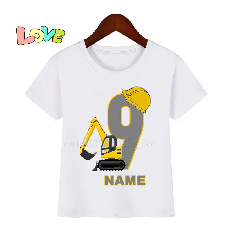 Baby Kids Cartoon Excavator Birthday Number Name Print T Shirt Children Birthday T-shirts Boy&Girl Funny Gift Tshirt Present