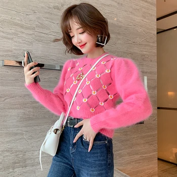 

Fresh and age-reducing three-dimensional embroidered diamond hollow round neck mohair knitted women's clothing autumn winter new