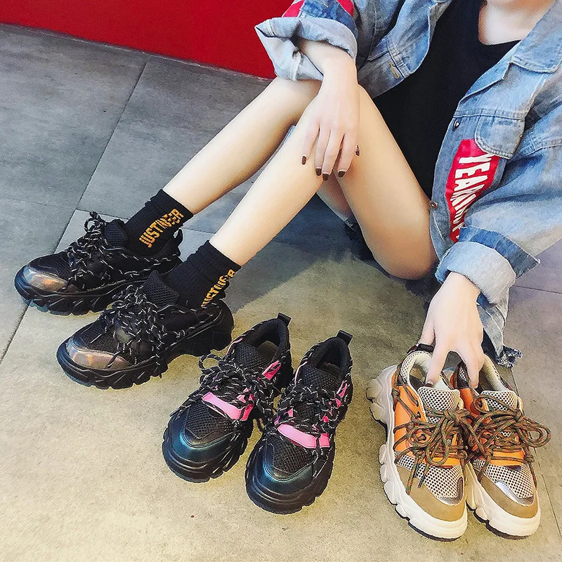 Женская обувь на плоской платформе; Zapatos de mujer; модные разноцветные сетчатые черные кроссовки; женская повседневная обувь для папы