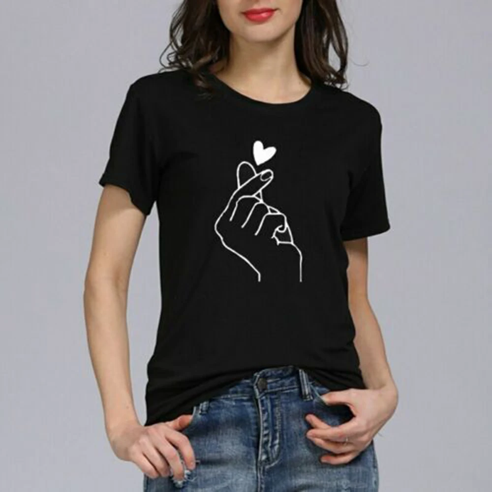 

2019 New Women Top Summer Graphic Hand Funny Finger Love Printing T-Shirt Short-sleeved Round Neck Tops Female Clothes New Tops