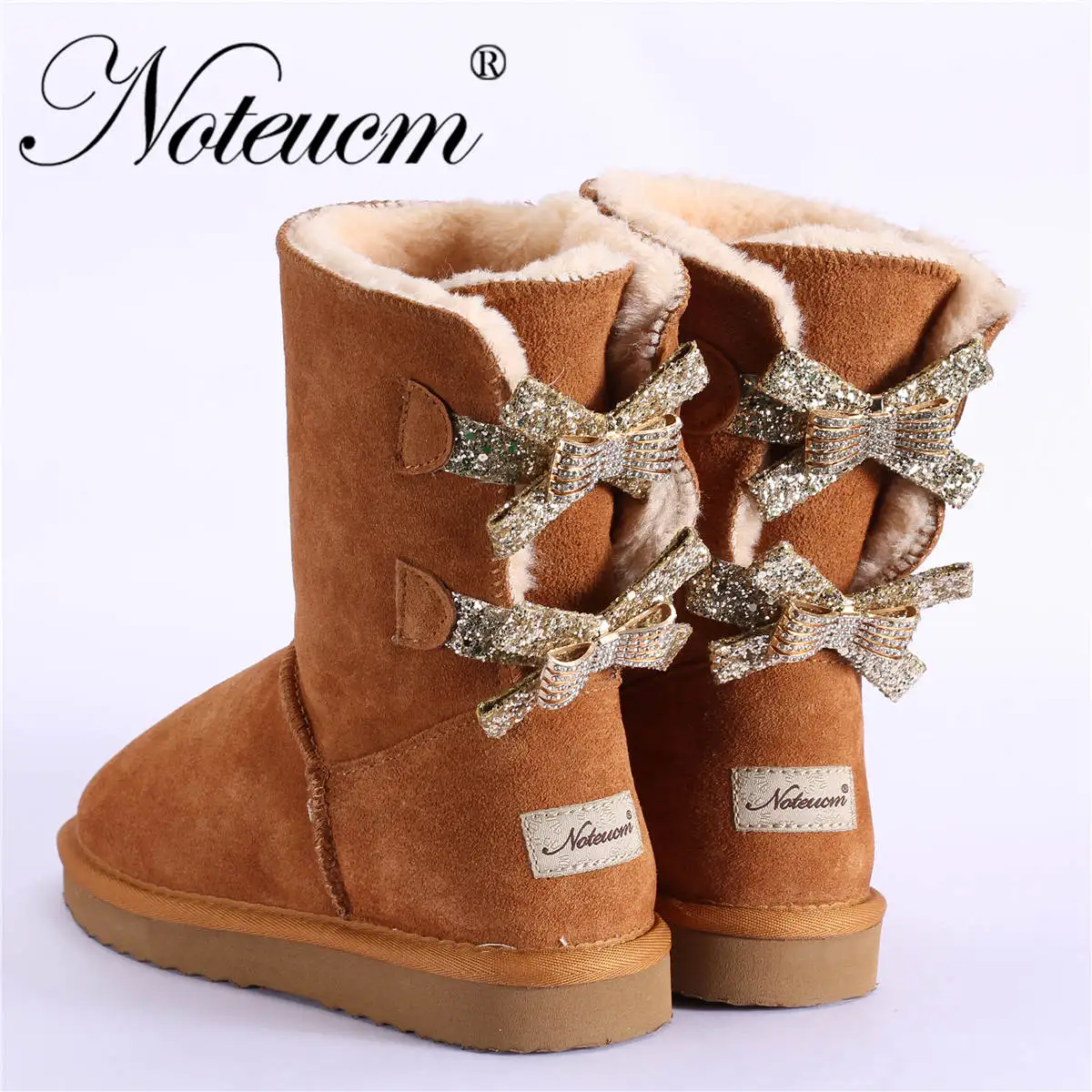 Стразы; натуральная кожа; женские зимние меховые ботинки в австралийском стиле; ботильоны с бантом сзади на подкладке из меха; милые зимние ботинки для женщин