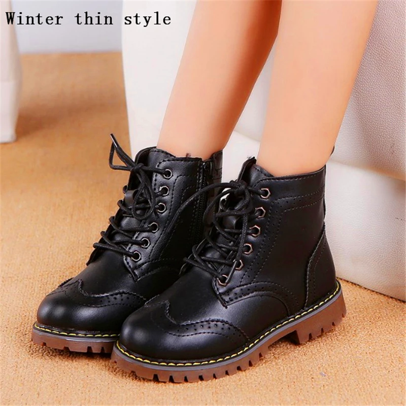 Осенне-зимние детские полуботинки для девочек; теплые кожаные ботинки; модные резиновые сапоги на мягкой подошве для мальчиков; Водонепроницаемая Нескользящая детская обувь - Цвет: Winter thin style