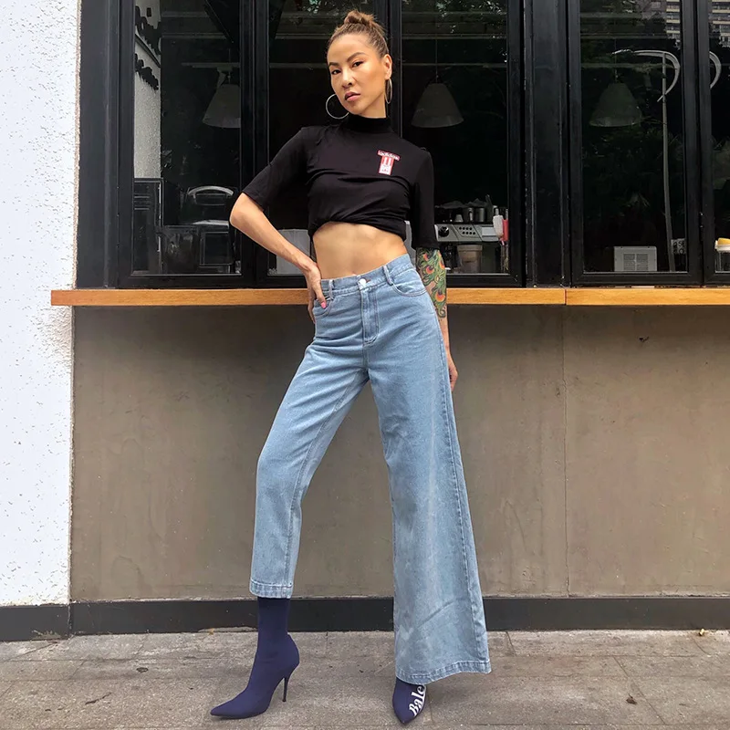 

Fashion Jeans Women 2019 Summer New Hong Kong Flavor Personality Width Trouser Legs Stitching Be Careful Captain Pants Tide