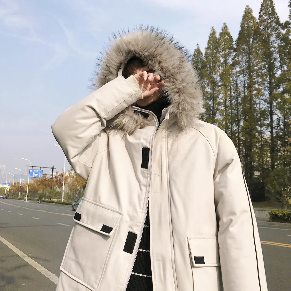 Winter Coat Men Warm Thick Fashion Parka Men Solid Color Casual Fur Collar Hooded Coat Man Wild Cotton Tooling Jacket Male - Цвет: gray
