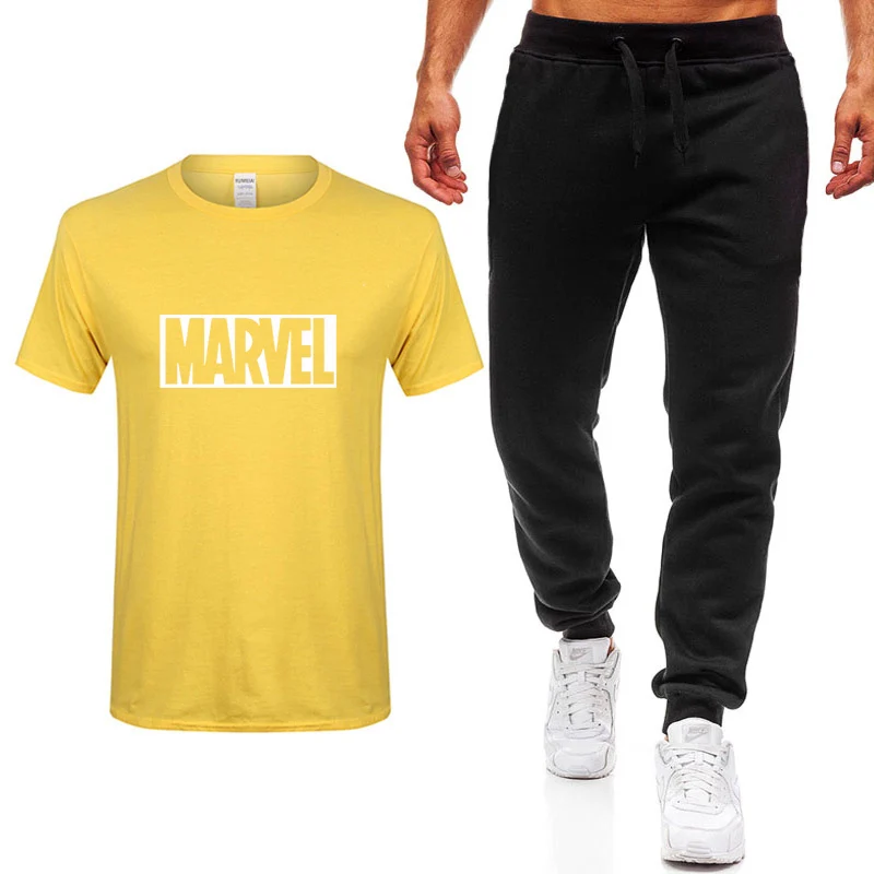 Новая модная летняя футболка с принтом Marvel, мужская повседневная хлопковая футболка в стиле хип-хоп с коротким рукавом высокого качества+ штаны, костюм, одежда