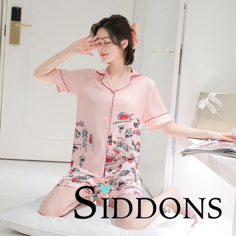 

Siddons New Ice Silk Pajamas Female Summer Cartoon Printed Lapel Short-Sleeved Home Service Thin Suit