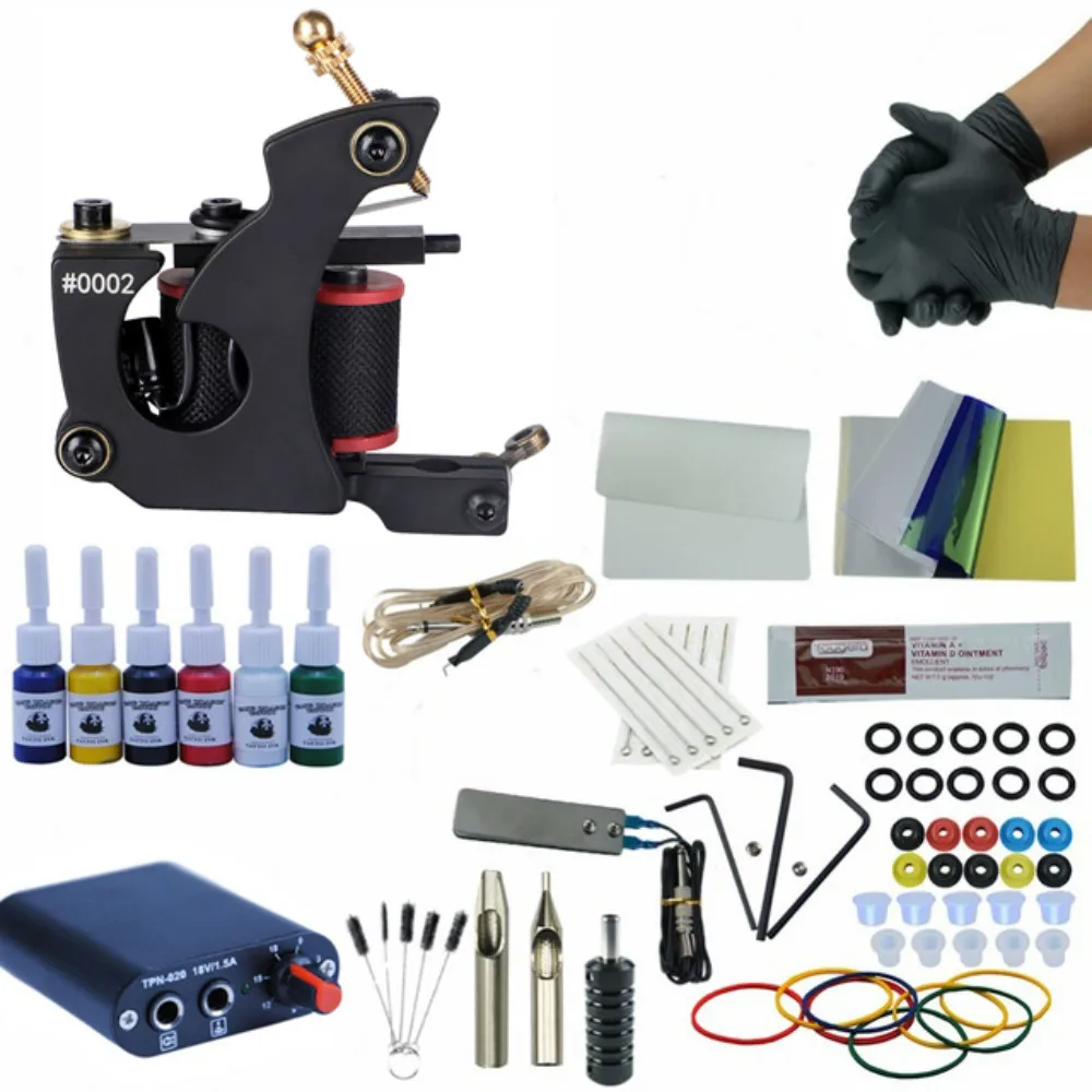 

Complete Tattoo Kit Rotary Tattoo Machine Set 8 Coils Wraps Machine Black Power Supply Permanent Makeup 6 Colors Tattoo Ink Set