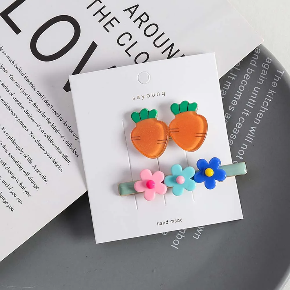 Carrot 2 шт./компл. милые корейские стильные заколки для девочек красочные фрукты цветок BB заколка для волос арбуз Банан цветок шпилька аксессуары для волос - Цвет: Carrot