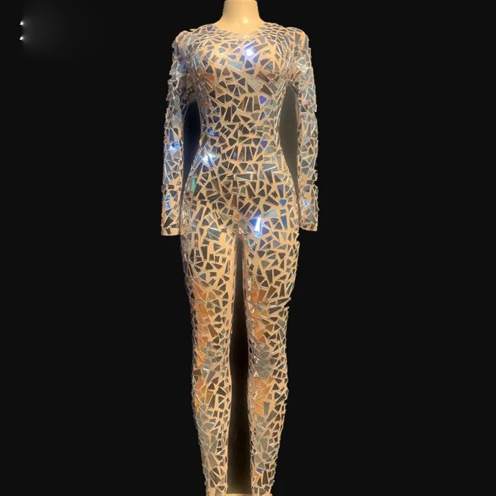 Luxury Mirrors Jumpsuit Mesh Dance Costume Women stage Performance