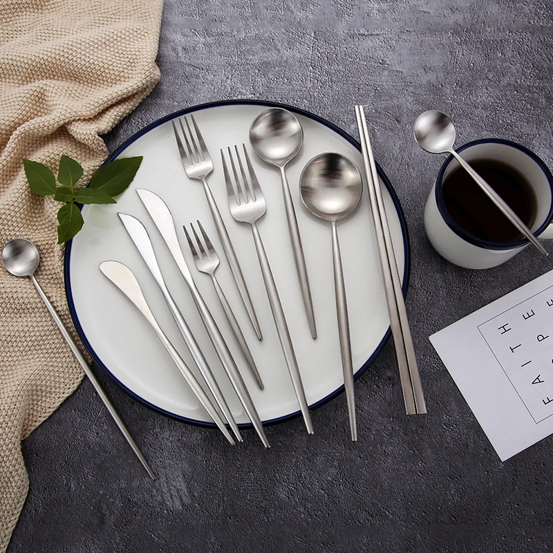 

Matte Silver Cutlery Set Chinese Korean Chopsticks Sticks Fork Spoon Knife Set Fruit Dessert Fork Steel Cutlery Metal Tableware