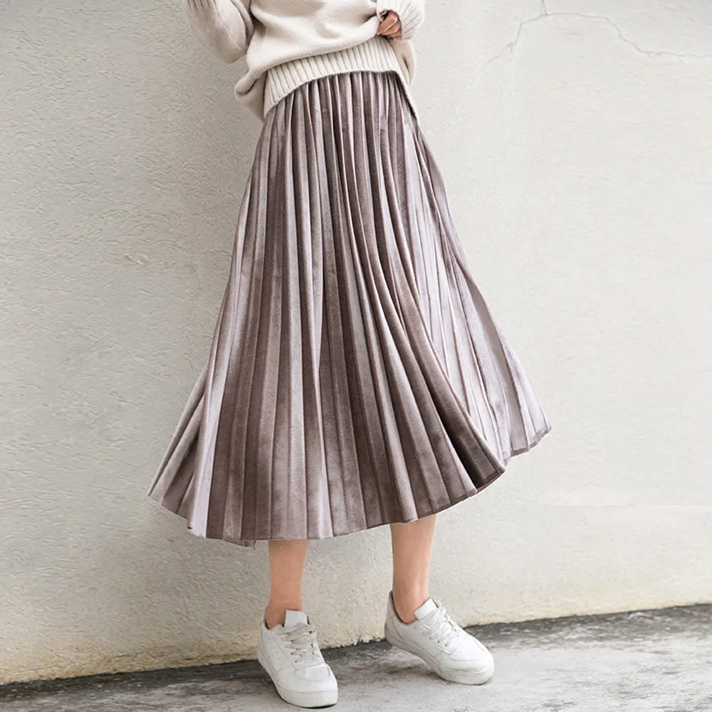 

VZFF Spring 2019 Women Long Metallic Silver Maxi Pleated Skirt Midi Skirt High Waist Elascity Casual Party Skirt