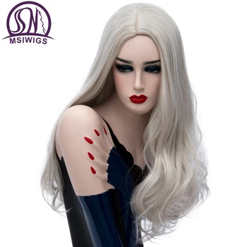 

MSIWIGS Women's Long Wavy Cosplay Wig Grey Blonde Pink Hair False Middle Part Line for White/black Women Girls Lolita Cute Wigs