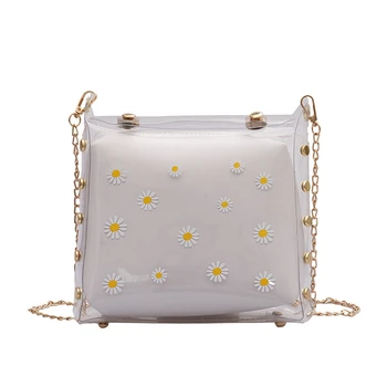 

2020 Fashion Trend Women Ladies Clear Crossbody Messenger Bag Handbags Daisy Pattern Bucket Shoulder Purse with Metal Strap