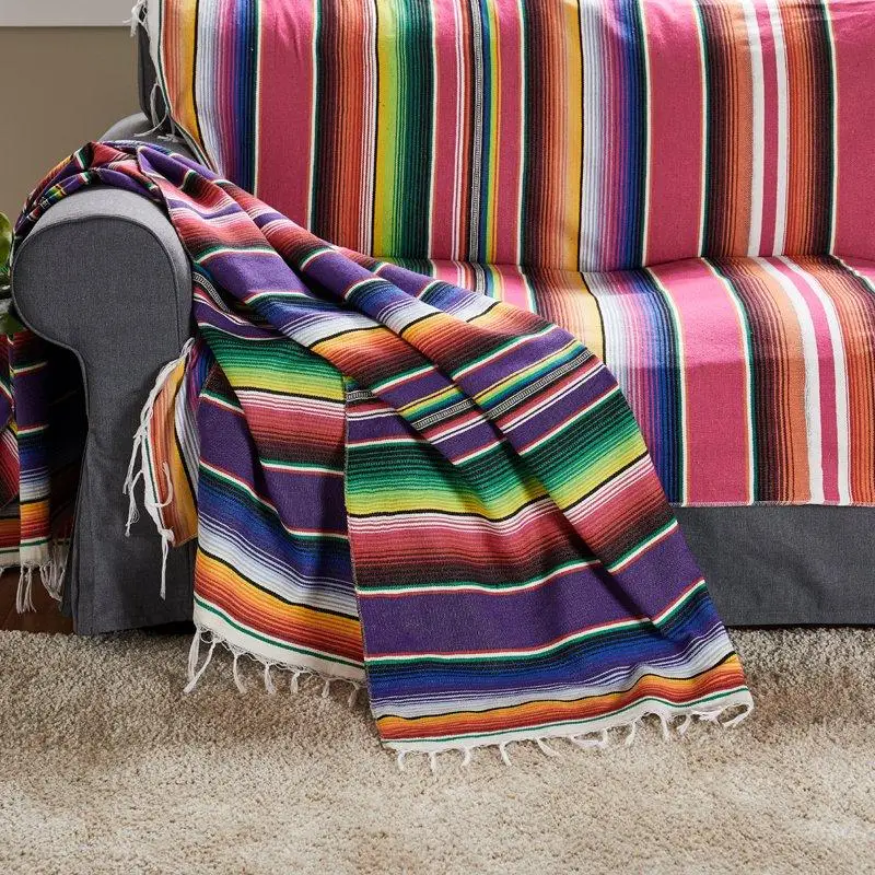 Details about   Purple Mexican Blanket Mint Serape Mexican Yoga Blanket XL Stripe White Blanket 