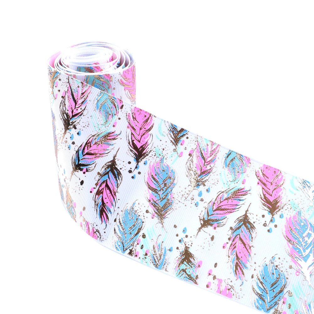 

New 3" 75mm Gold Foil Star Feather Grosgrain Ribbon, DIY Handmade Materials, Wedding Gift Wrap Bows,50Yc5623