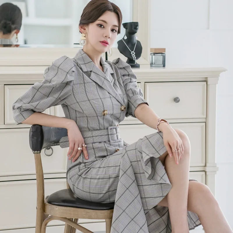 

Women's 2019 Summer Wear New Style Retro Puff Sleeve Waist Hugging Double Breasted Plaid And Fish Tail Skirt Dress Long Skirts