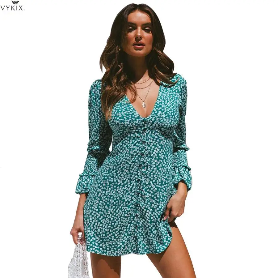 Womens Dress Floral Print V-neck Lantern Dress Long Sleeve Mini Dress Bohemian Beach Dress Vestidos Party Dresses Women Evening